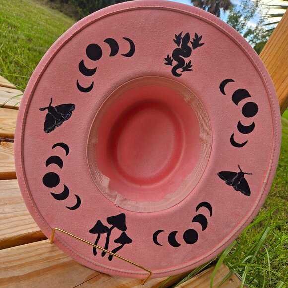 Pink vegan suede celestial hand painted wide brim hat main image 4